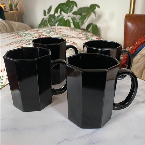 Vintage Dining Vintage Black Octagonal Coffee Mugs Made In France